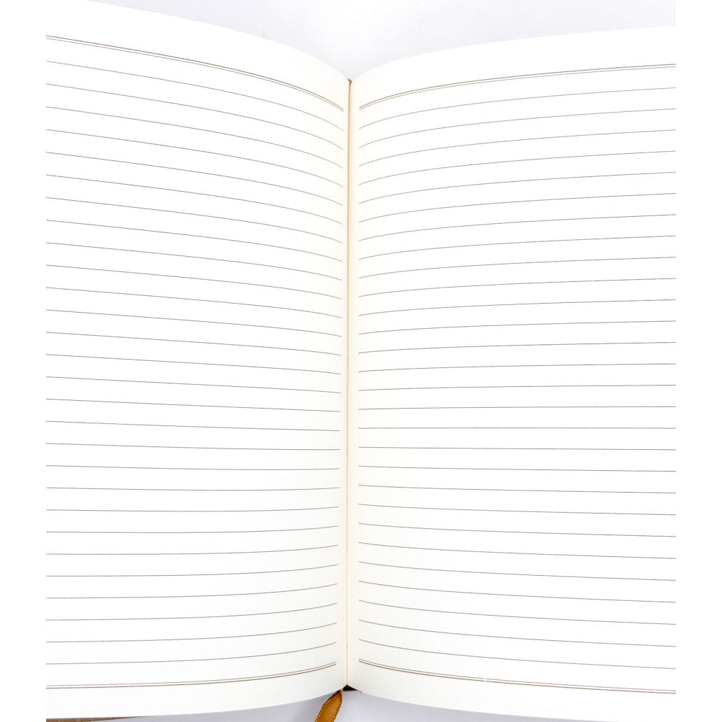 Open notebook with lined pages on a white background