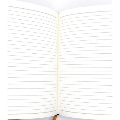 Open notebook with lined pages on a white background