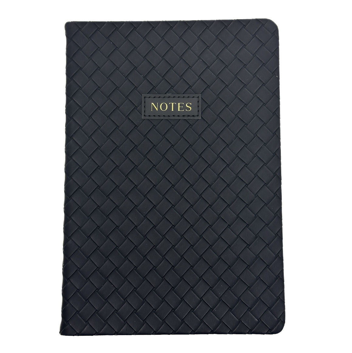 A black woven-texture notebook with a small gold-embossed label reading 'NOTES' on the front, shown against a plain white background.