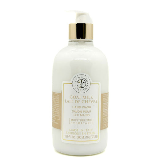 Erbario Toscano Bottle of goat milk hand wash with gold cap on a white background