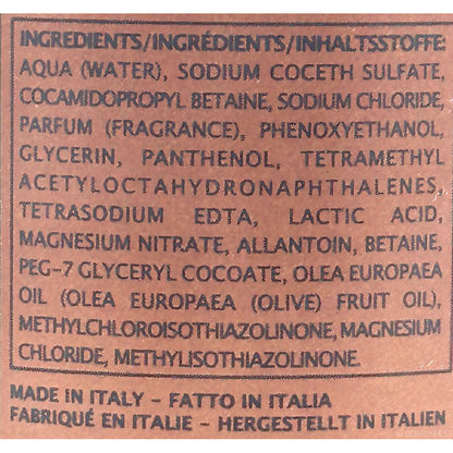 Close-up of a brown product label with black printed text listing ingredients in Italian and stating 'Made in Italy' at the bottom.