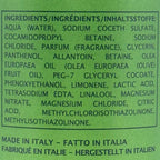 List of ingredients on a green label with text in multiple languages.