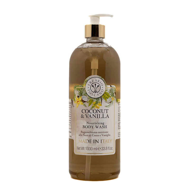 Erbario Toscano bottle of coconut and vanilla body wash with pump on a white background