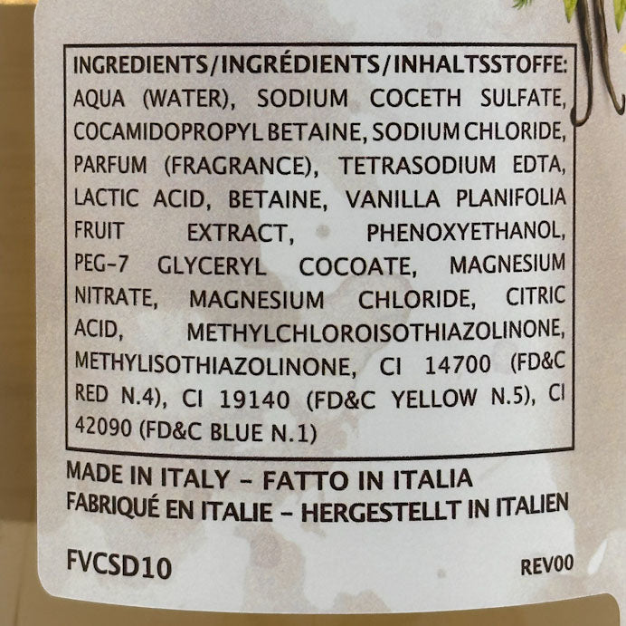 Ingredients label on a product with text in multiple languages.