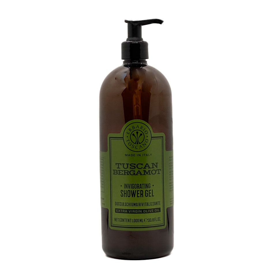 Brown bottle of Tuscan Bergamot shower gel with a green label on a white background