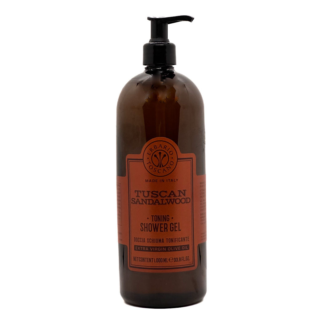 Brown bottle of Tuscan Sandalwood shower gel with pump on a white background