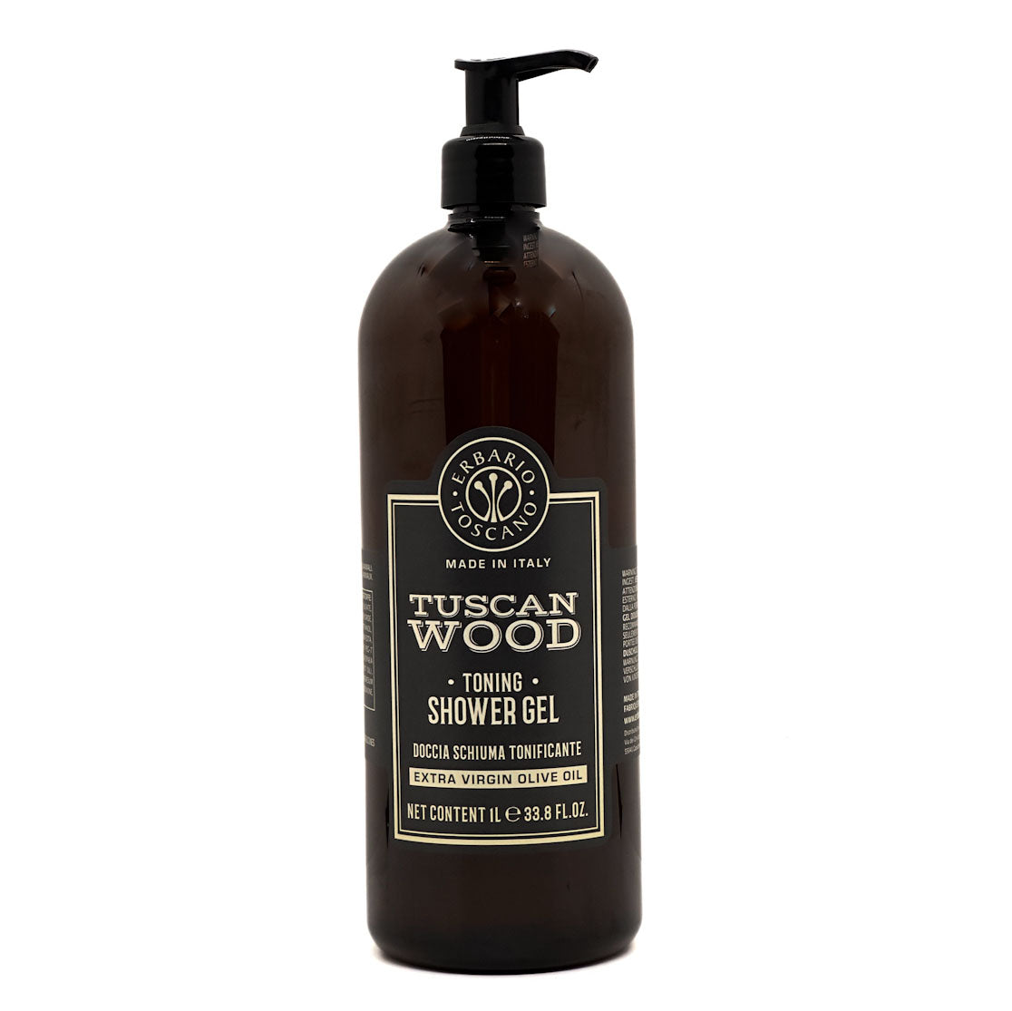 Brown bottle of Tuscan Wood shower gel with pump on a white background