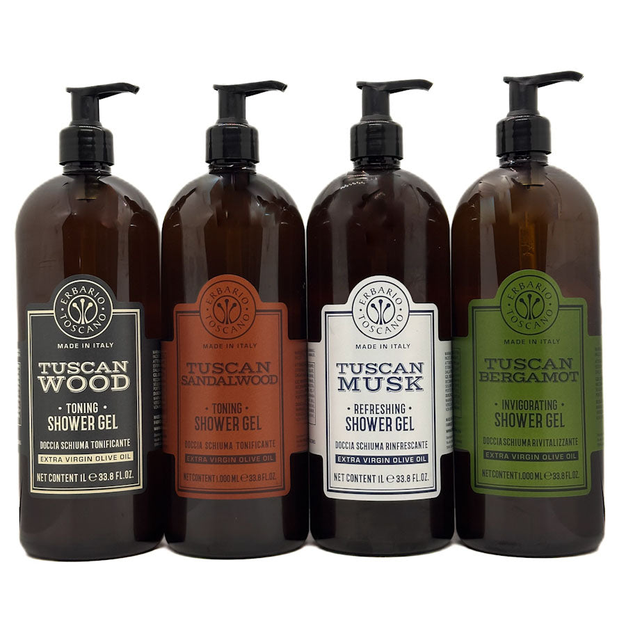 Erbario Toscano Tuscan shower gel collection with different scents on a white background