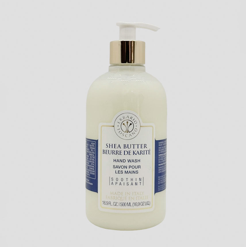 Erbario Toscano Shea butter hand wash bottle with pump on a white background