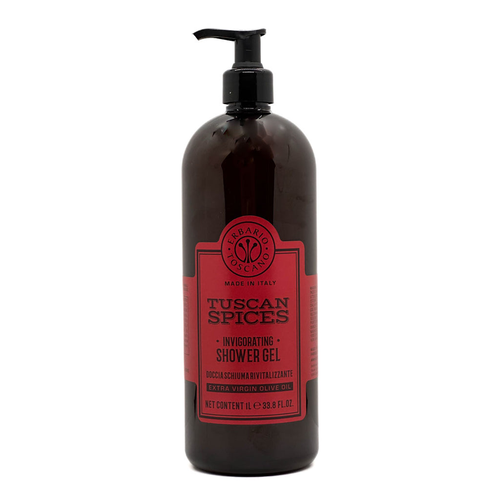 Erbario Toscano - Tuscan Spices shower gel bottle with red label on a white background