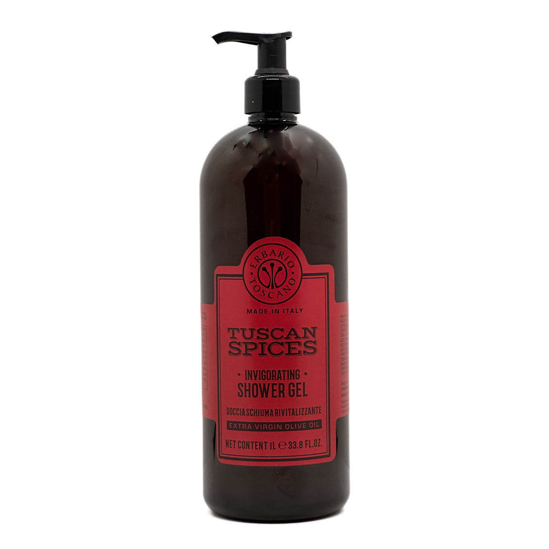 Erbario Toscano - Tuscan Spices shower gel bottle with red label on a white background