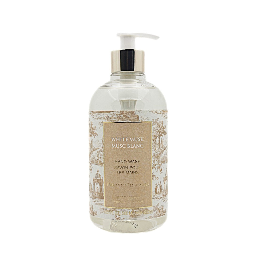 A bottle of Erbario Toscano White Musk - Musc Blanc hand wash with a beige label and a white pump dispenser, shown against a plain white background.