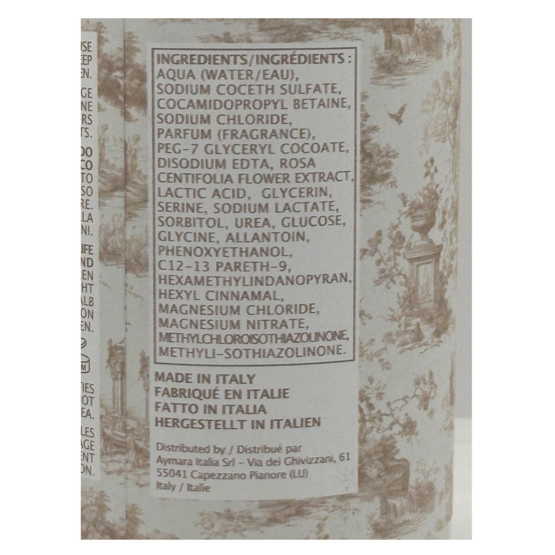 A close-up of a vintage Italian product label with a list of ingredients in English and Italian, alongside a sepia-toned illustration of a woman in a floral dress.