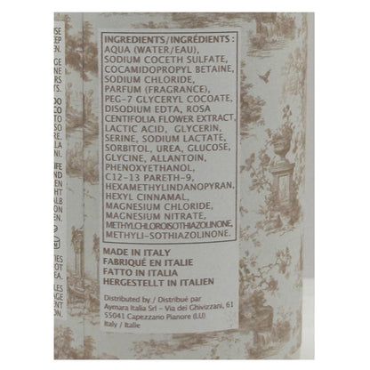 A close-up of a vintage Italian product label with a list of ingredients in English and Italian, alongside a sepia-toned illustration of a woman in a floral dress.