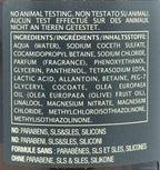 Product label with ingredient list and safety claims on a dark background