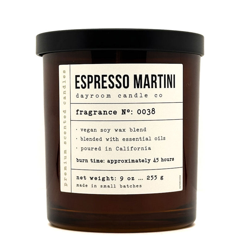 Candle with 'Espresso Martini' label on a white background