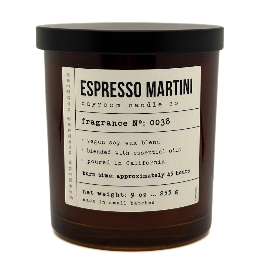 Candle with 'Espresso Martini' label on a white background