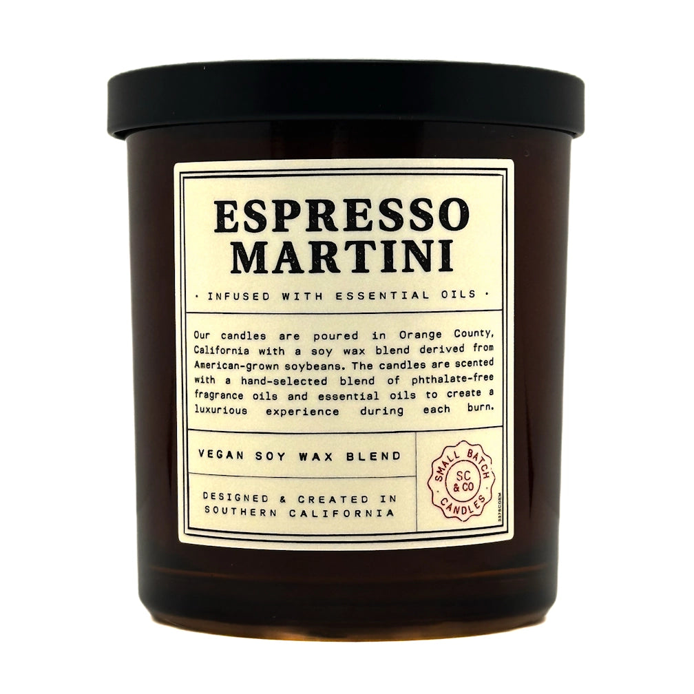 Candle jar labeled 'Espresso Martini' with a black lid on a white background
