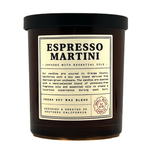 Candle jar labeled 'Espresso Martini' with a black lid on a white background