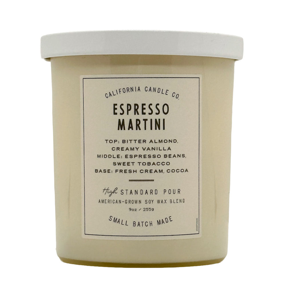 Candle jar labeled 'Espresso Martini' on a white background