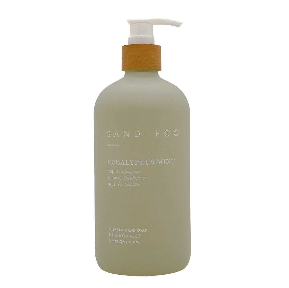 Eucalyptus Mint scented hand soap bottle with pump labeled 'Sand + Fog' on a white background
