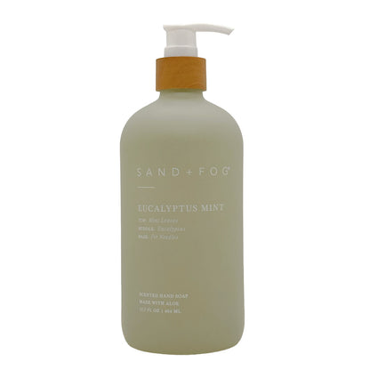 Eucalyptus Mint scented hand soap bottle with pump labeled 'Sand + Fog' on a white background