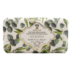 Bar of soap with eucalyptus leaf design on a white background
