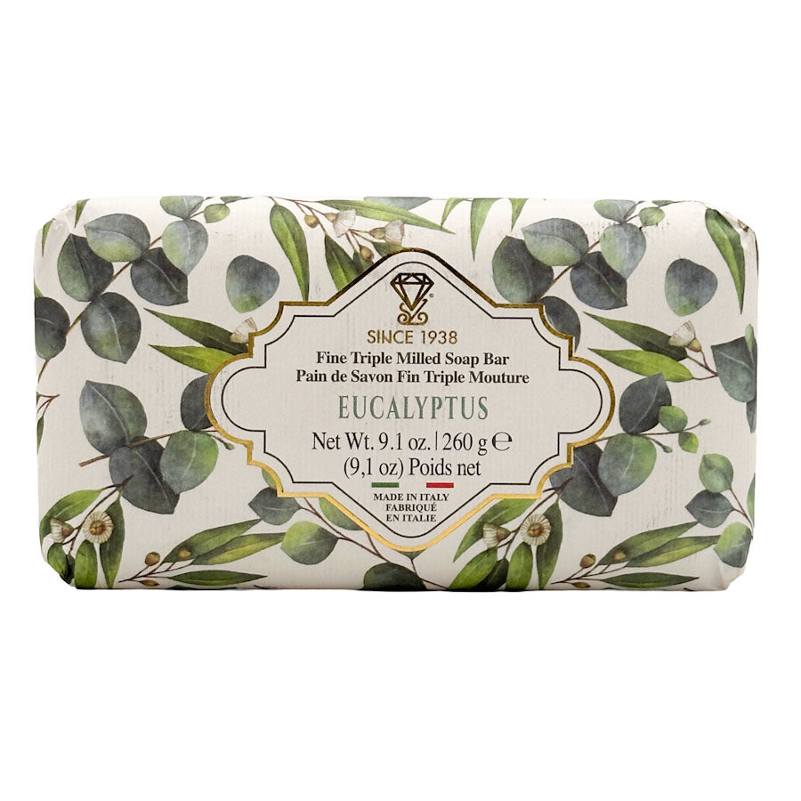 Bar of soap with eucalyptus leaf design on a white background
