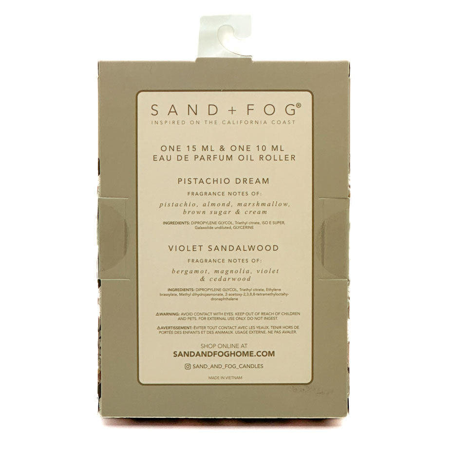 Sand + Fog product packaging with text on a white background
