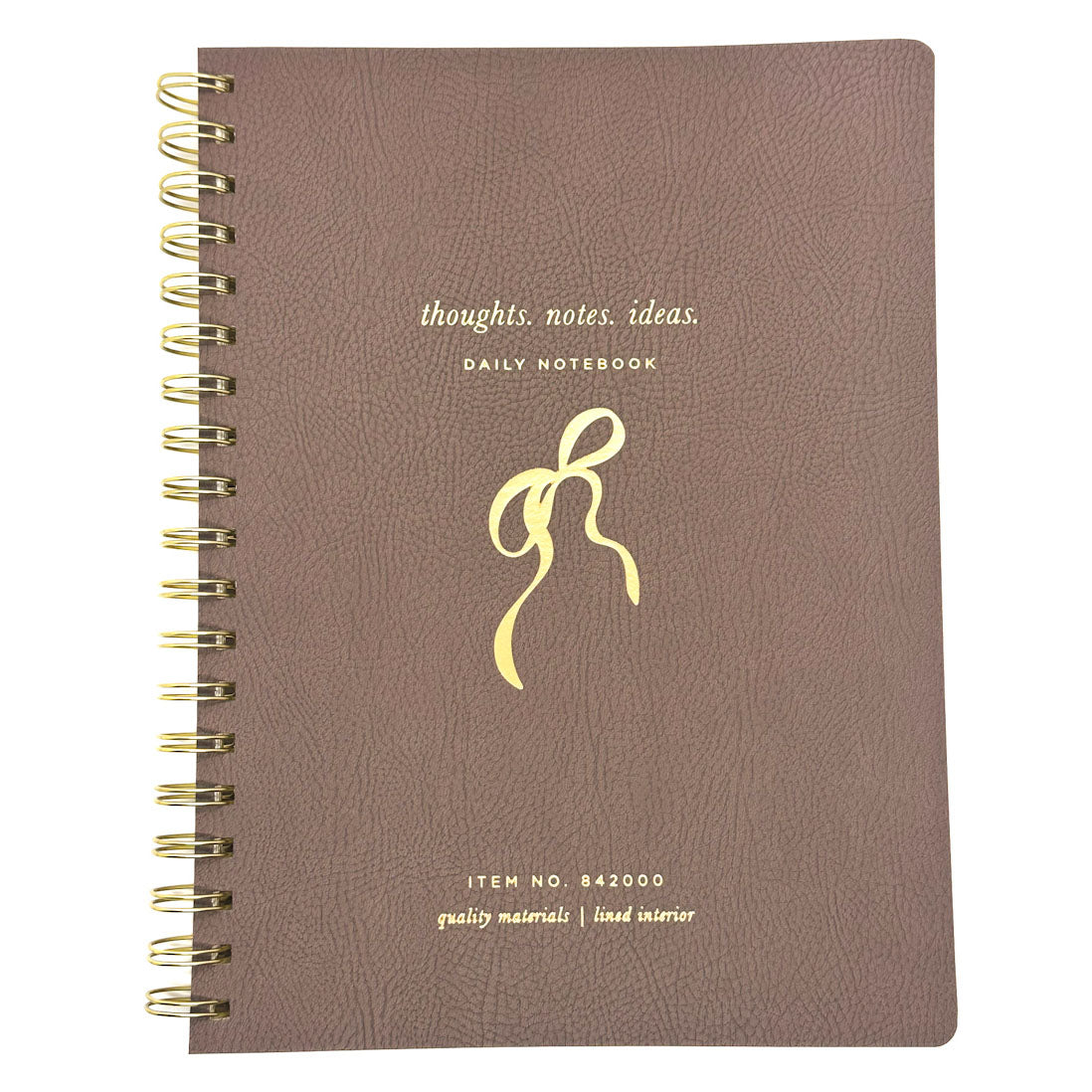 FRINGE brown notebook with gold spiral binding and decorative bow design on a white background