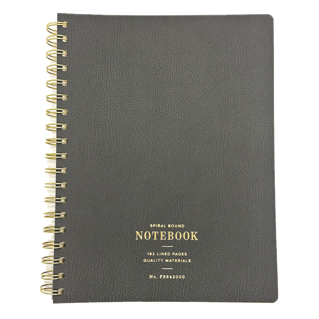 Fringe Studio Grey spiral-bound notebook with gold text on a white background