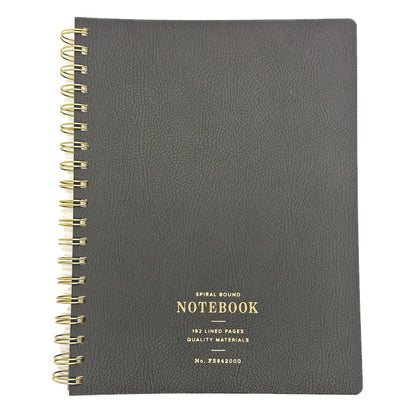 Fringe Studio Grey spiral-bound notebook with gold text on a white background