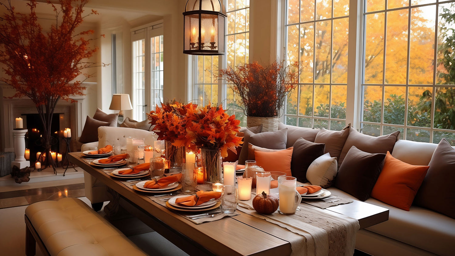 A styled autumn dining room scene with a long wooden table set for multiple meals, surrounded by a beige sofa with brown and orange pillows. The table is decorated with orange and white fall foliage arrangements, lit candles, and small pumpkins, with large windows in the background showing warm fall foliage outside.