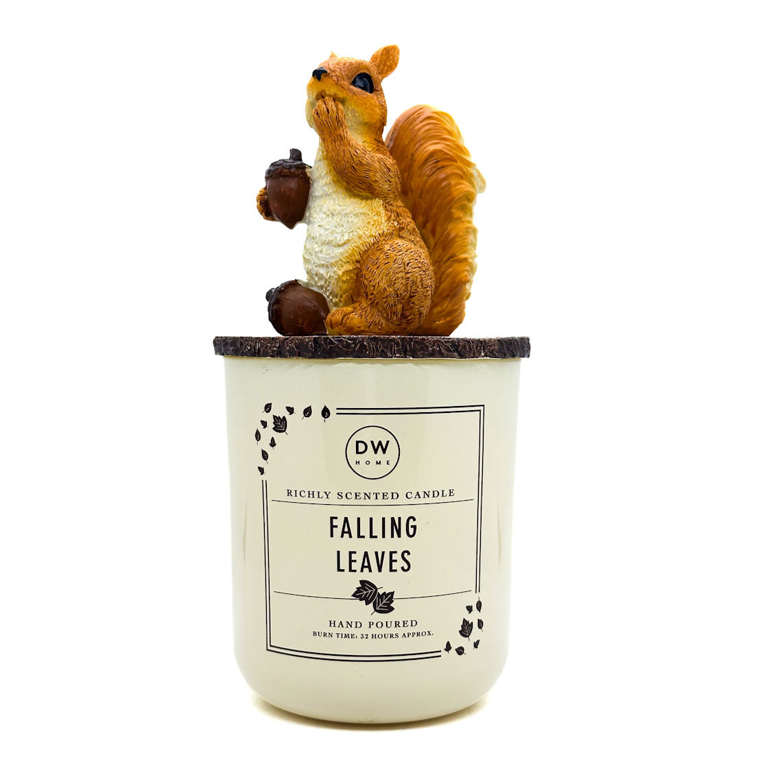 Candle with a squirrel figurine on top and 'DW Home' branding
