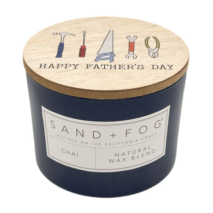 Father's Day Chai Scented Candle with a wooden lid featuring work tools.