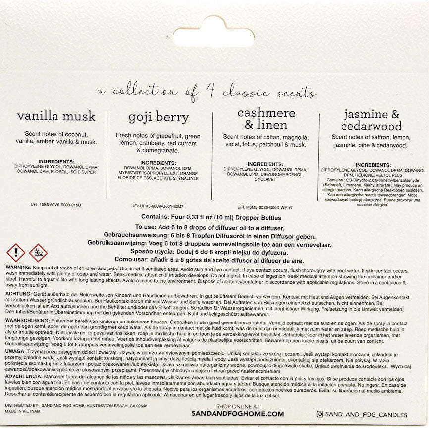 Product packaging with scents and ingredients listed on a white background