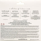 Product packaging with scents and ingredients listed on a white background