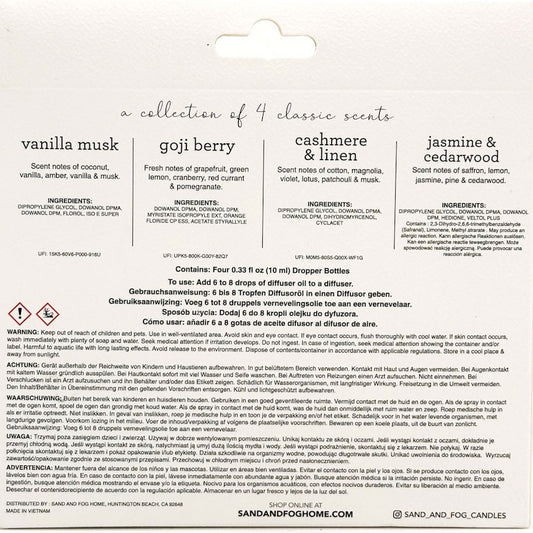 Product packaging with scents and ingredients listed on a white background
