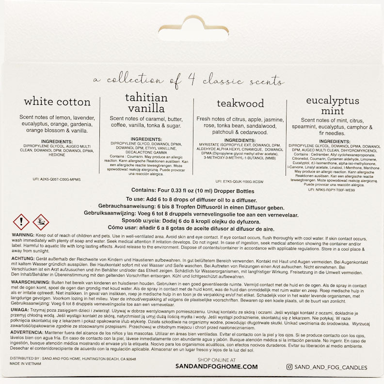 Back label of Sand & Fog candles with product details and scents listed.