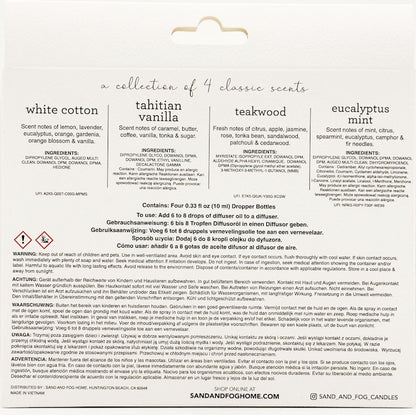 Back label of Sand & Fog candles with product details and scents listed.