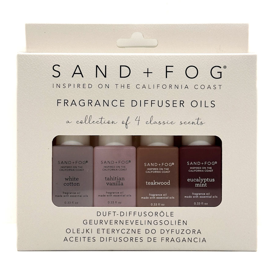 Packaging of Sand + Fog fragrance diffuser oils with four bottles inside.