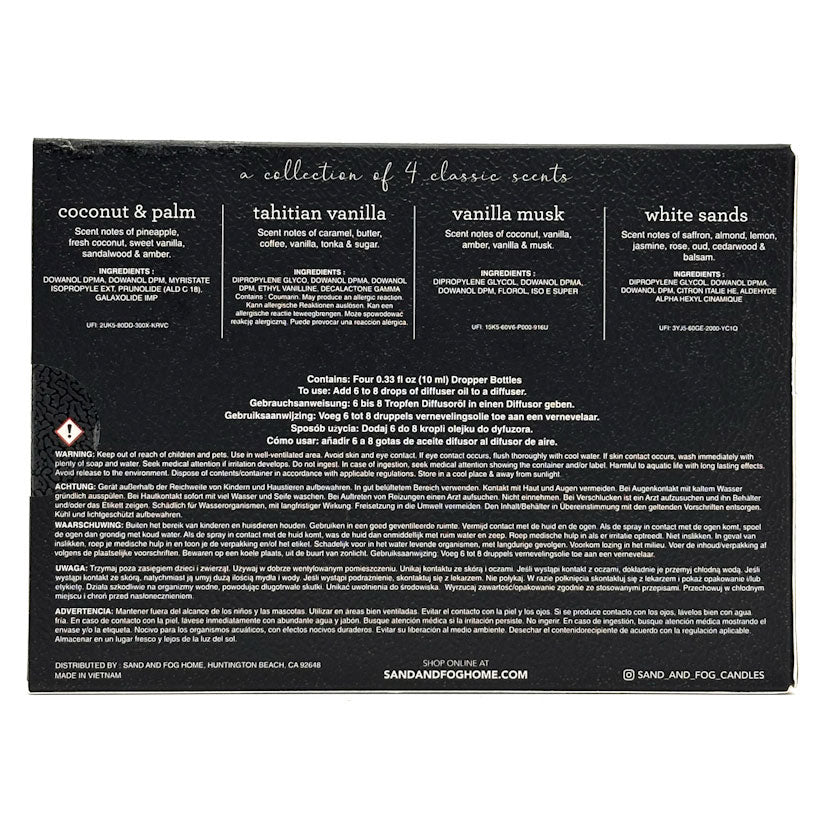 Back of a product packaging with scents listed on a black background