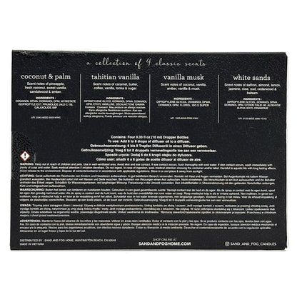Back of a product packaging with scents listed on a black background