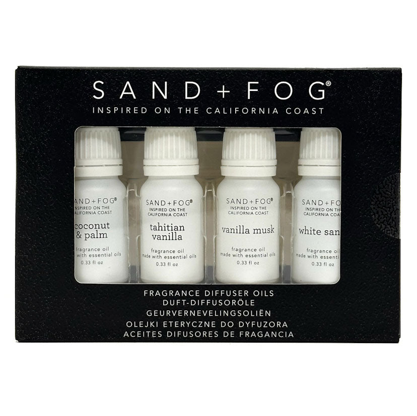 Set of Sand + Fog fragrance diffuser oils in packaging