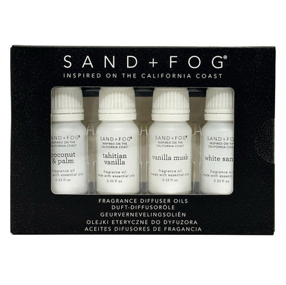 Set of Sand + Fog fragrance diffuser oils in packaging