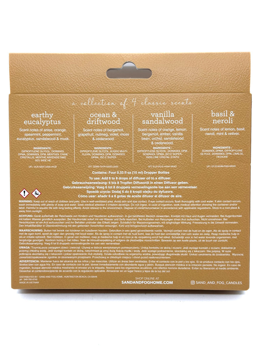 Back of a cardboard packaging for Sand & Fog diffuser oils with product details.
