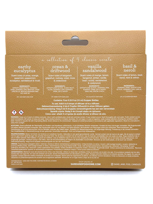 Back of a cardboard packaging for Sand & Fog diffuser oils with product details.