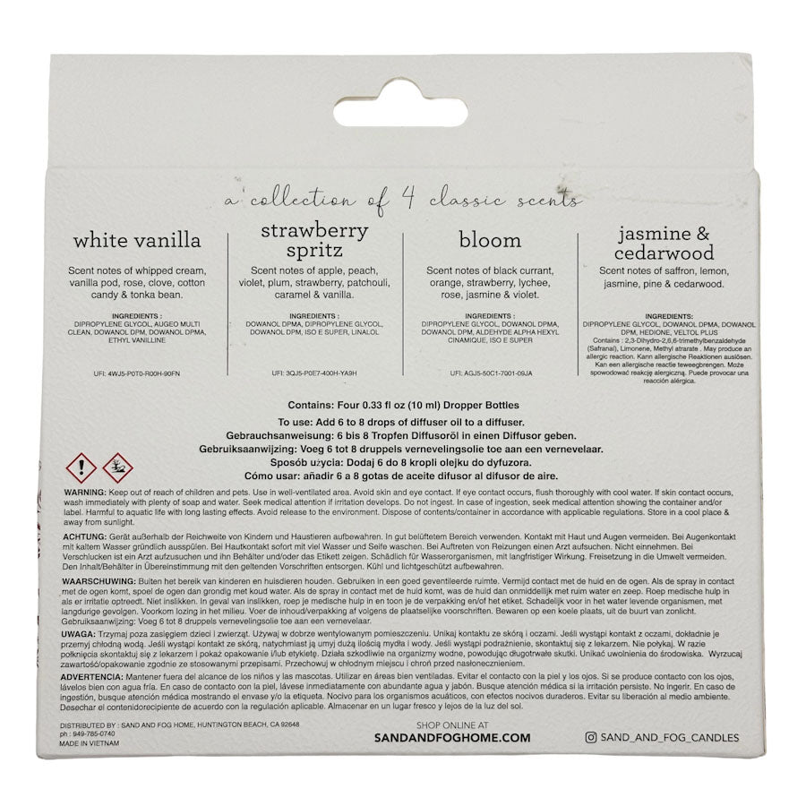 Product packaging with scents listed on a white background