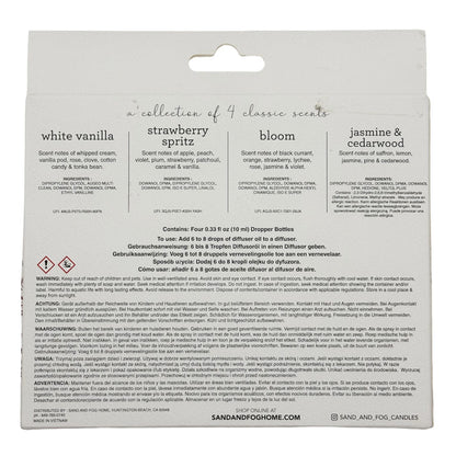 Product packaging with scents listed on a white background