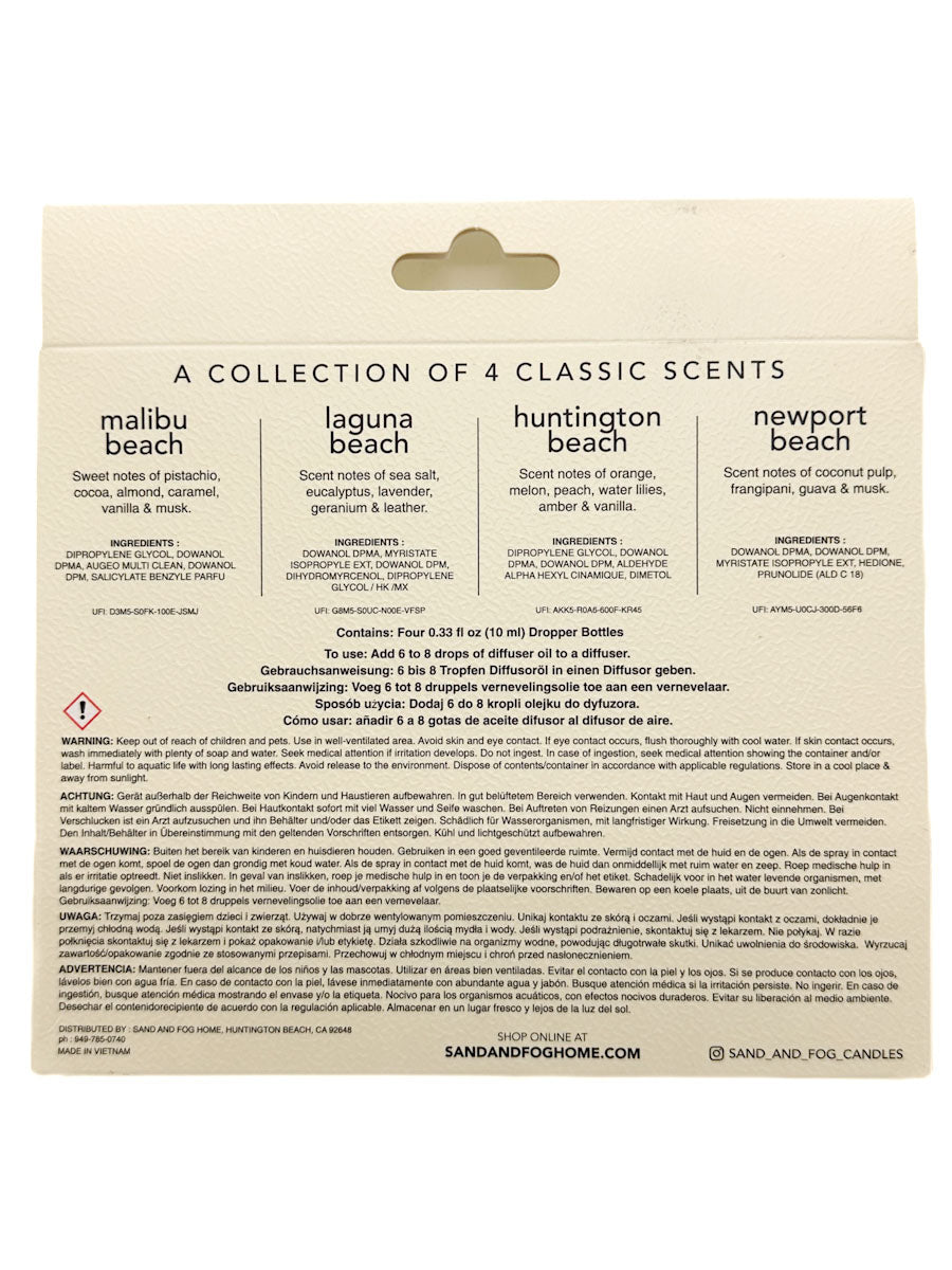 Collection of 4 classic scents packaging with text on a beige background